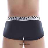 Black metroMalewear cotton short boxer briefs with white elastic waistband and diagonal stripe logo pattern