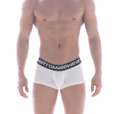 White men’s cotton boxer briefs with black elastic metromalewear waistband solid white 7 inch length