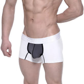 White cotton MetroMaleWear short boxer briefs with black mesh panel and elastic waistband featuring brand name