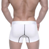 White metro male wear cotton short boxer briefs with black stitching and subtle waistband logo in 7 inch length
