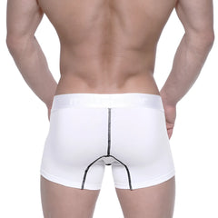 White metro male wear cotton short boxer briefs with black stitching and subtle waistband logo in 7 inch length