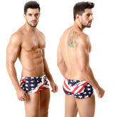Men’s cotton swim trunks with American flag pattern by MetroMaleWear ideal for patriotic summer wear