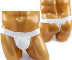 White cotton thong underwear with wide elastic waistband and embossed lettering from MetroMaleWear Crystal 3002-01