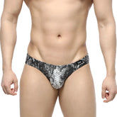 Black and white snake-skin patterned men’s briefs with a sleek form-fitting design from MetroMaleWear Culebra Bikini 5103-84
