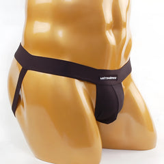Black metromalewear cup jock strap thong made of smooth stretchy fabric with sleek minimalist design shown from the back