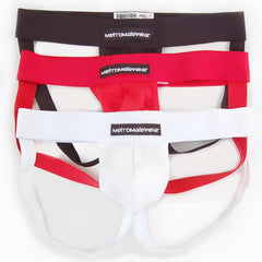 Set of three metromalewear cup jock strap briefs in black red and white for athletic support and comfort