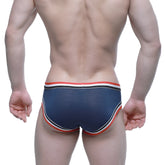 Navy blue mesh briefs with red white and black striped trim metroMalewear cupid bikini navy 6105-28 front view