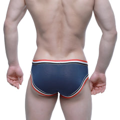 Navy blue mesh briefs with red white and black striped trim metroMalewear cupid bikini navy 6105-28 front view
