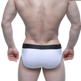 White briefs metroMalewear daily brief 5003-01 with black elastic waistband and nerdy brand lettering