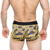 MetroMaleWear Danger Short boxer black 2026-73 men’s boxer briefs with black and yellow caution tape pattern and solid black waistband