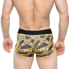 MetroMaleWear Danger Short boxer black 2026-73 men’s boxer briefs with black and yellow caution tape pattern and solid black waistband