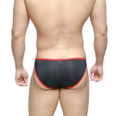 MetroMaleWear Dangerous Brief black 8004-20 black sheer briefs with red trim showing the front side view
