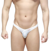 Metro male wear dangerous brief white thong made of smooth stretchy fabric with subtle red logo on waistband