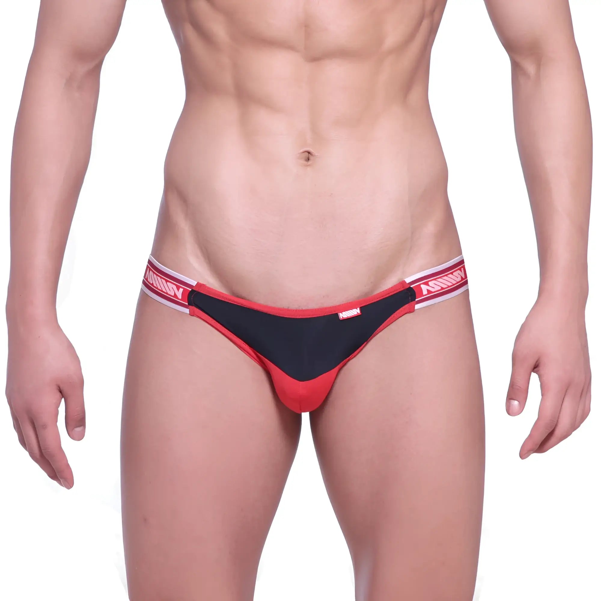Red and black thong jock strap with white elastic waistband featuring mann brand name from metromalewear valiente 8001-30