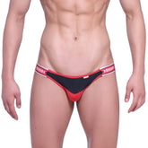 Red and black thong jock strap with white elastic waistband featuring mann brand name from metromalewear valiente 8001-30