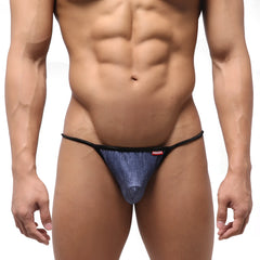 Blue denim thong swim bikini with black elastic waistband and small red logo by metromalewear, front view