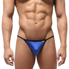 Blue metallic thong swim bikini with black trim by metromalewear for men royal blue design