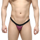 MetroMalewear dangerous thong grape 8002-22 purple and black snug form-fitting design for men shown from the back