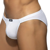White mens briefs by metromalewear darcian bikini 1016-00 with sleek form fitting design and subtle waistband tag