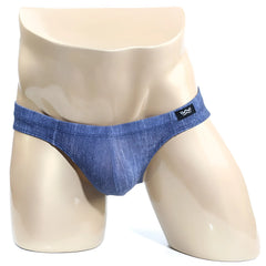Blue denim-style men’s briefs with a black logo tag on the waistband metro male wear denim bikini 5103-m80