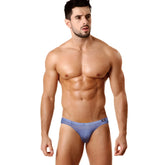 Blue denim-style briefs with subtle textured pattern and small black brand tag on waistband metroMalewear denim bikini 5103-M80