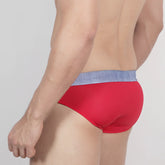 Red MetroMaleWear Denim Swim Brief 4916-51 with textured blue waistband designed for comfortable swimwear use