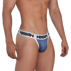 Blue denim-textured men’s thong with white elastic waistband featuring black miliv branding metroMalewear indigo 2502-55