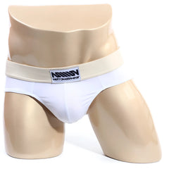 White men’s briefs with beige elastic waistband and metromalewear label metro malewear deportivo brief white 5203-f00