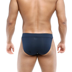 Navymalewear deseo bikini dark blue briefs with smooth form-fitting fabric and subtle elastic waistband shown from the back