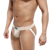 Beige athletic briefs with white waistband featuring mens brand logo metroMalewear deseo jock 3301-04