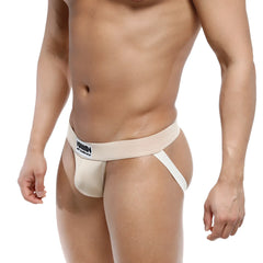 Beige athletic briefs with white waistband featuring mens brand logo metroMalewear deseo jock 3301-04