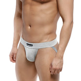 Gray heathered athletic metroMalewear deseo jock strap briefs with black and white branded waistband front view