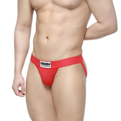 Red athletic briefs with white ashin label and next malewear text metroMalewear deseo jock strap red 3301-12