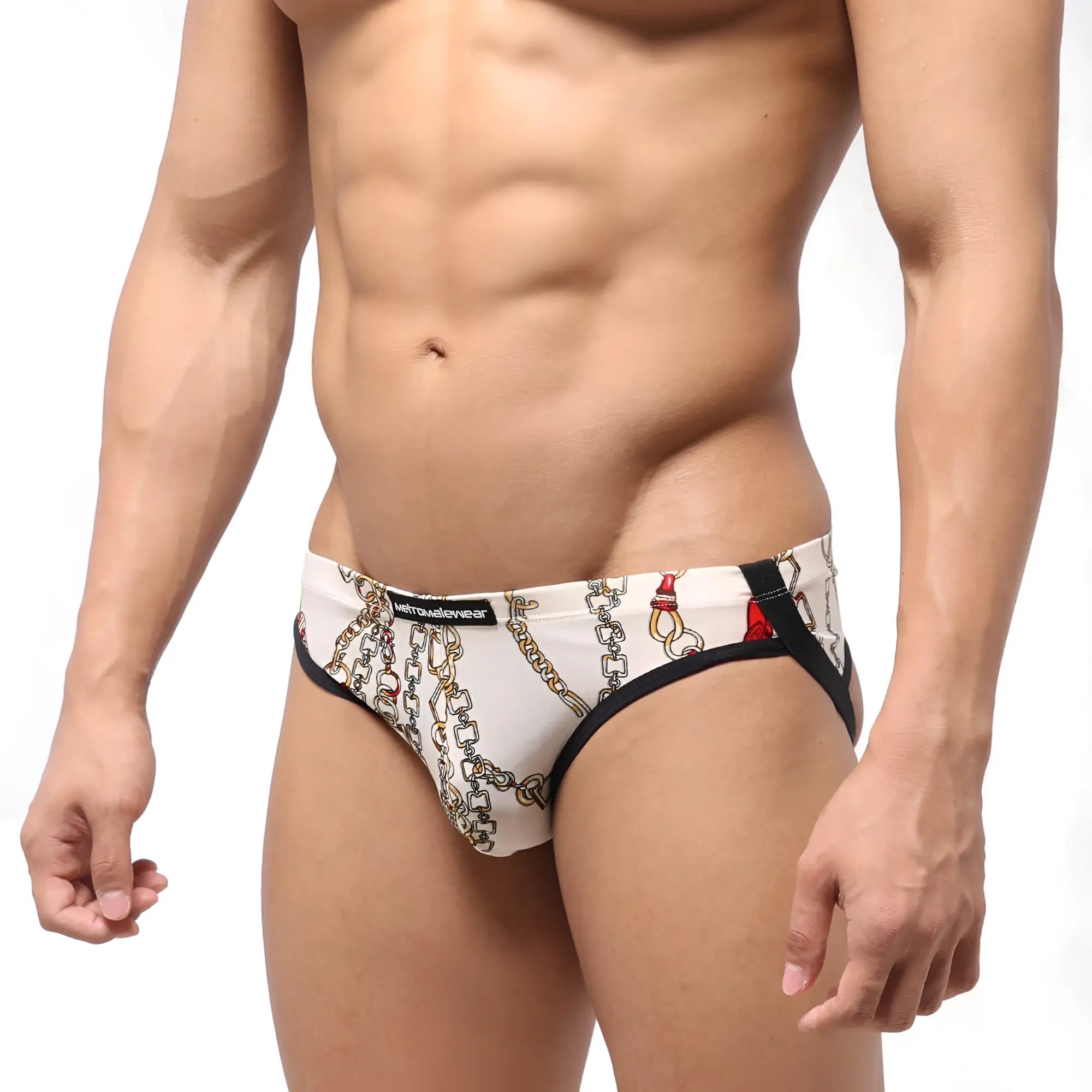White men’s briefs with chain and lock pattern black trim and misto waistband from metromalewear despejado jock strap lujo 1301-31