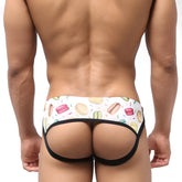 White and black MetroMaleWear Despejado jock strap briefs with colorful macarons hot dogs and sprinkles pattern