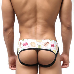 White and black MetroMaleWear Despejado jock strap briefs with colorful macarons hot dogs and sprinkles pattern