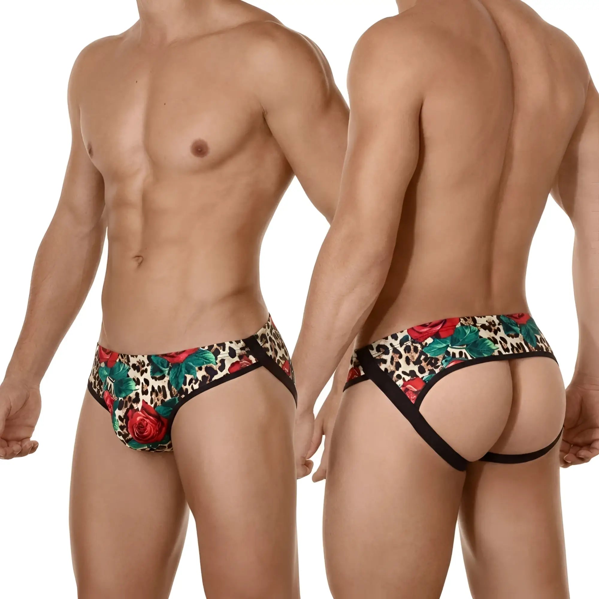 MetroMaleWear despejado jock strap rosee 1301-81 vibrant floral and leopard print briefs with red roses and black trim