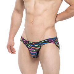 Metro male wear disco bikini 5103-m43 vibrant rainbow-striped swim trunks with bold zebra-pattern design