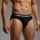 Black mens briefs with a white metromalewear logo on the waistband metro male wear doctor brief black 5014-20