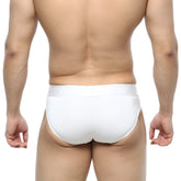 MetroMaleWear Dolce brief white smooth form-fitting cotton briefs with subtle logo on the waistband front view