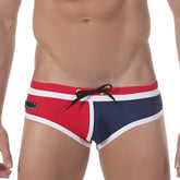 MetroMaleWear double band swim brief navy 4916-28 in red and navy blue with white trim and black drawstring