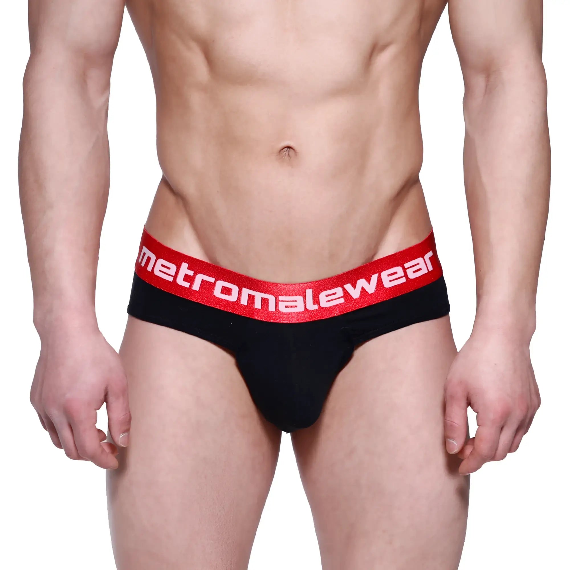 Black briefs with a red elastic waistband featuring the metromalewear logo in white from MetroMaleWear Downhole Brief 3029-20