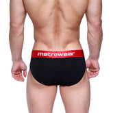 Black metro male wear downhole brief with red waistband and white metrowear logo for comfortable support
