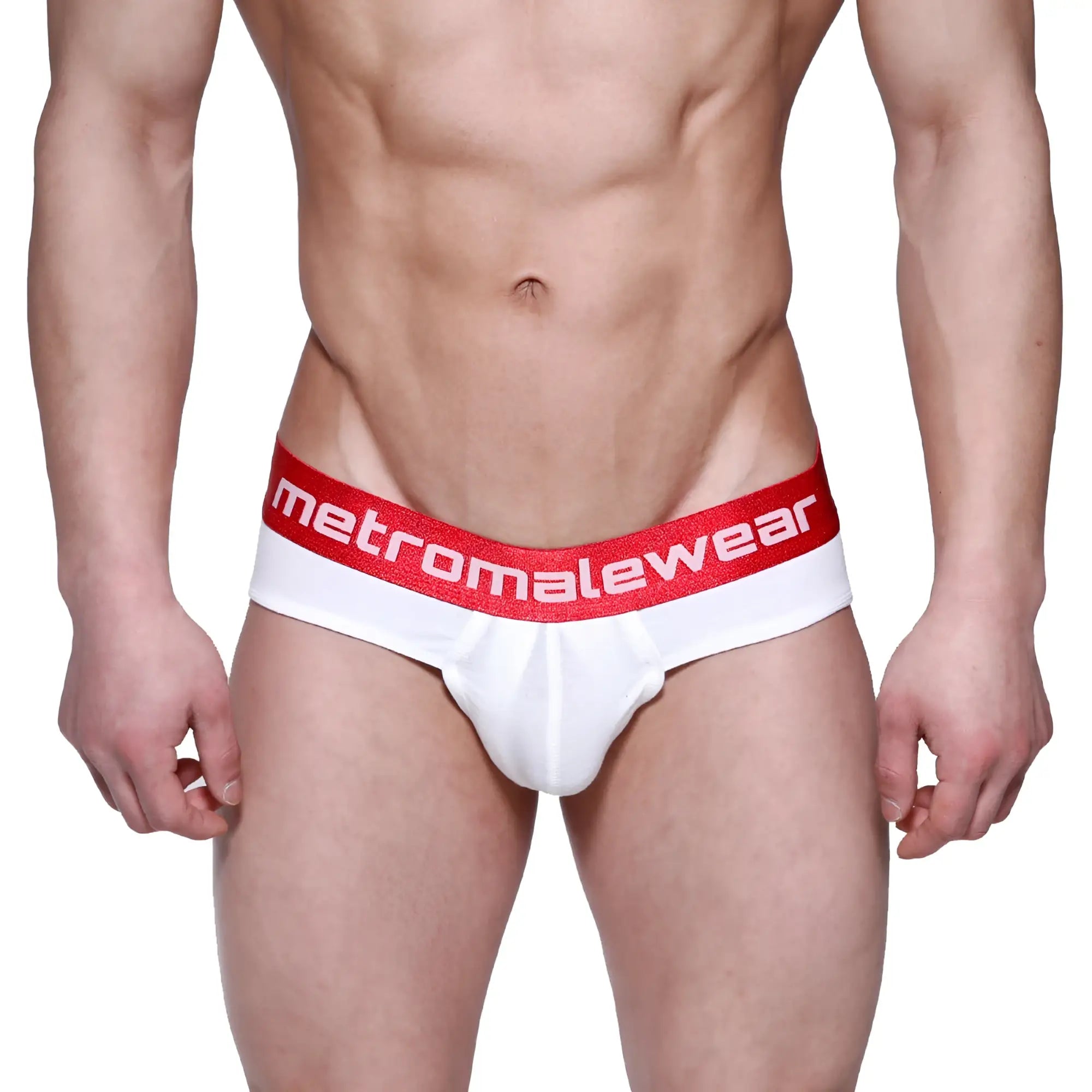 White briefs with a red waistband featuring the metromalewear logo in white from metromalewear downhole brief 3029-00