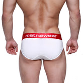 White metro2wear briefs with red waistband logo metromalewear downhole brief 3029-00 design