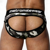 Black and green camouflage metroMalewear Drake jock brief with white logo waistband for active men’s wear