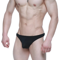 Metro male wear dream thong black 2002-21 sleek black form-fitting swim trunks with smooth fabric finish front view