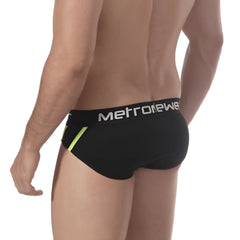 Black metronewer men’s briefs with neon green side panels and white logo band metroMalewear drive hip brief 5003-73