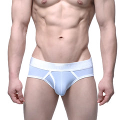 Light blue mens briefs with white trim and subtle logo on waistband MetroMaleWear Duke Brief Baby Blue 1103-08