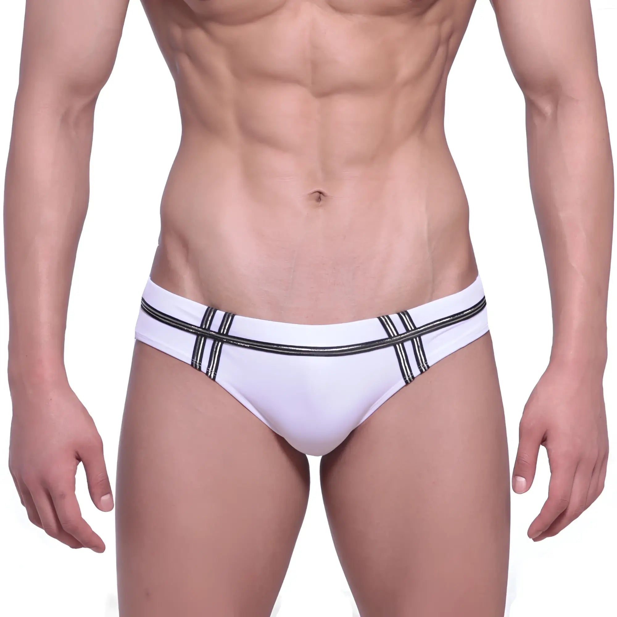 White swim trunks by metromalewear duque with black striped detailing for stylish beachwear and swimming